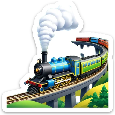 An icon showing a vibrant PC game train simulator scene with a steam locomotive traveling through a colorful countryside. The design features lush landscapes, winding tracks, and detailed railway elements, symbolizing the strategy and creativity of simulation games. Transparent background sticker