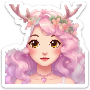Gorgeous Shiny Colorful Pastel Anime Style Mature Lady with blushing face and pretty hair with a flower crown and antlers pastelcore kawaii cottagecore fairycore aesthetic trending style sticker