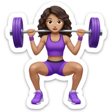 mujer de tez trigueña, con cabello castaño oscuro ondulado con pequeñas ondas, con el cabello super largo hasta las rodillas estilizado, con ropa deportiva morada/lila, tenis blancos deportivos y levantando una pesa sticker