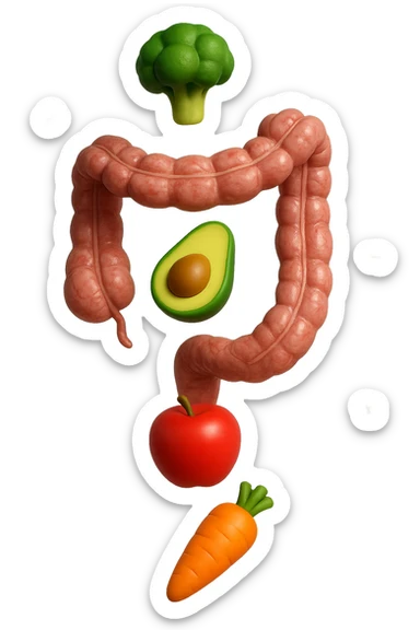 emoji stile iphone in 3d di cibo sano che fluttua in aria vericalmente insieme ùa pezzi di colon umano anatomico, iperrealistico 4k sticker