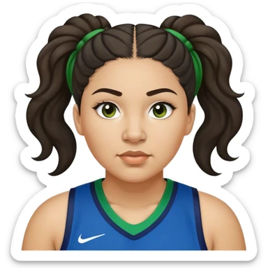  plus size light skin latino women basketball player with wavy dark hair in pony tail flat wide nose wearing blue green  uniform sticker