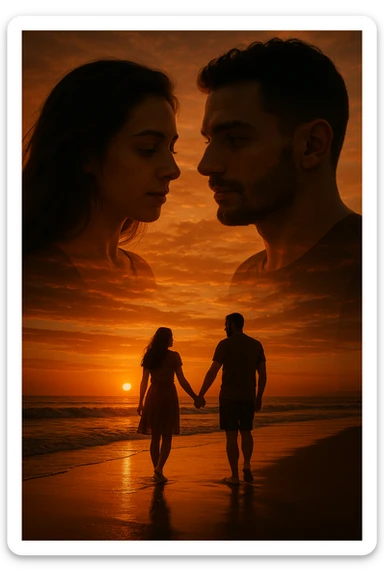 Una doppia esposizione cinematografica di noi di profilo, con un paesaggio di spiaggia al tramonto integrato nella silhouette.
La scena interna ci mostra entrambi camminare sulla sabbia bagnata, tenendoci per mano, con le onde del mare che si infrangono è facile e un cielo colorato dagli ultimi raggi di sole. Atmosfera calda e intima, toni dorati arancioni, dettagli fini ed espressivi, risoluzione 8K. sticker