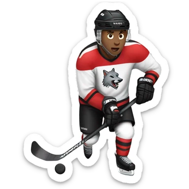 A wolf hockey player in a white red and black uniform holds a puck sticker