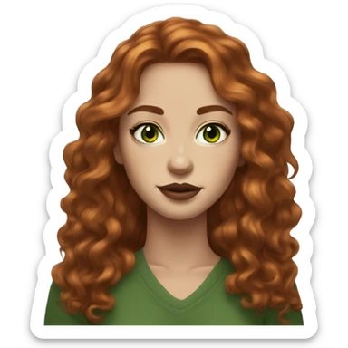 green eyes young woman central, small nose redhead long hair layers wavy freckles brown lipstick sticker