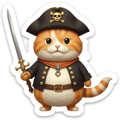 Anthropomorphic, cute fat cat pirate, dynamic, Q version proportions, form by Jon Klassen and Nicola Kinnea full body, rich details 8k, isolated on white background sticker