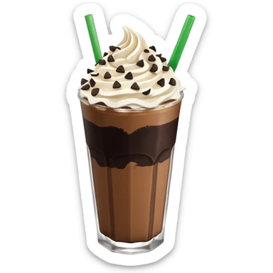 Vaso de vidrio con Frappé color café, crema en la parte superior con popote verde insertado en la crema, agregar encima de la crema chispas de chocolate. Colocar arriba de la crema insertada una galleta tipo oreo. sticker