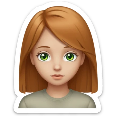 apple style emoji of a girl with light brown (русые) hair, 1A-1B straight hair texture, heterochromia: one green eye, one greyish eye sticker