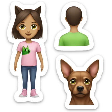 Mini brown pincher  and brunette girl with green eyes and pink t-shirt  sticker