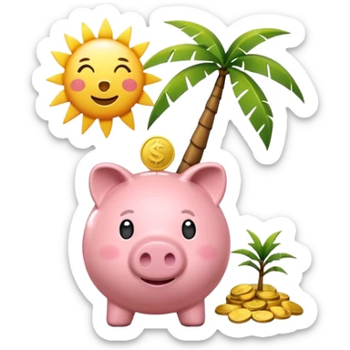 A simple emoji-style icon: A piggy bank with a coin dropping into it, next to a small palm tree and sun, symbolizing saving today for retirement tomorrow. Minimalist, clean design, consistent with emoji aesthetics. sticker