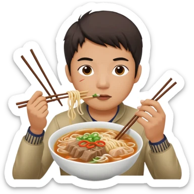 can you generate me a avatar of a male eating a bowl of pho? make it more anime. Make the person slurping on the noodles. only one pair of chopsticks sticker