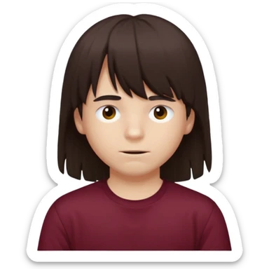A boy with bangs covering his eyes, long hair sticking out at the back, and long side locks. He has brown eyes and dark brown hair, and is wearing a maroon t-shirt. sticker