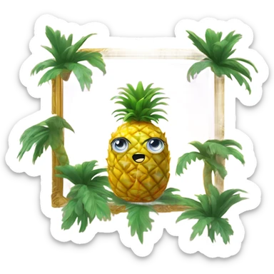 3D elegant pineapple🍍  with big shiny eyes 👀 pineapple holds mirror with its reflection 🪞🍍 sticker