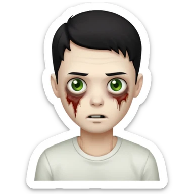 um garoto zombie de cabelo preto, com olhos castanhos esverdeados de camisa branca. sticker