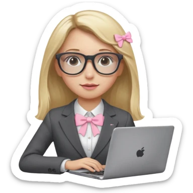 Please take the girl with laptop emoji and make her glassess light brown and her nose a bit smaller and pointier and she has blonde long hair and a dark grey suit and pearls, and has a laptop in fron of her and a tiny pink bow on the left side of her head sticker