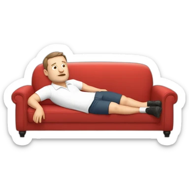 tim robinson very tired laying down on a red couch in a white polo shirt, chest up clean shaven, laying flat across couch sticker
