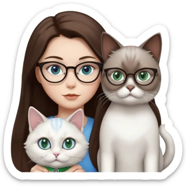 O fata cu parul saten lung ,ochii gri-albastrii ,ochelari și codițe de pisica ..și langa o pisicuță total  alba pufoasa ,cu ochii verzi și o a doua pisica siameza pufoasa cu capul maro inchis-negru și coada ,restul corpului un maro deschis spre alb  cu ochii albaștrii. sticker