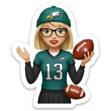 full length women wearing eagles uniform, long blonde hair, styled bangs, green eyes, black glasses, holding football, number 33, smiling, lipstick, eagles beanie sticker