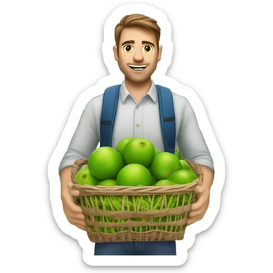 A white man with brown hair and tall carrying many limes in his hands in a supermarket. Make it so the limes are nearly overflowing the basket. sticker
