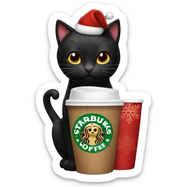 Black cat holding a red Starbucks holiday cup sticker