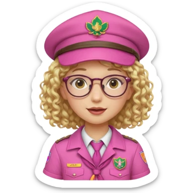 scout girl with pink scout uniform including hat, blonde curly haired and glassess sticker