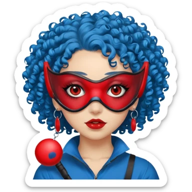 blue curly haired girl with huge earrings, wearing red paintball eye mask, sticker