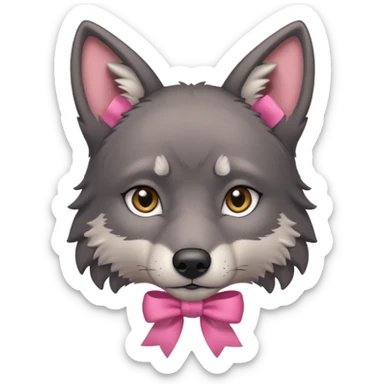 Pleading sad Face cute dark grey wolf with a pink ribbon on his ear head sticker