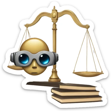 a balance of justice with a robot head on one side and a book on the other side sticker