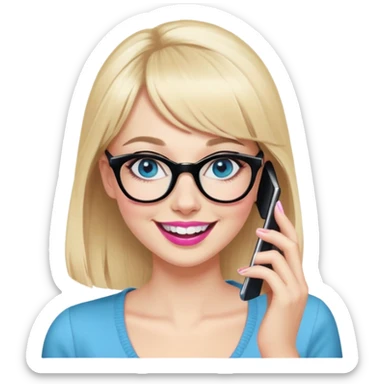 Pin up Woman with pale skin, wider face, blue eyes with eyeliner, thin eyebrows, long eyelashes, pink lipstick, blonde hair up with bangs, wearing black glasses. Laughing on a mobile phone  sticker