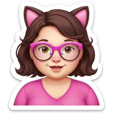 chubby English teacher, happy expression, wearing pink cat glasses, wavy long dark brown hair, only the face, gamer vibe, classroom background, emoji style, for online classes sticker