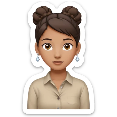 generate a pretty bratz girl with dark brown eyes. Dark brown hair tied in a single bun, tight beige button up shirt with top shirt open. diamond studs in ears. airpods in ear sticker