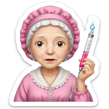 sick old woman with glass thermometer on her mouth pink night gown, pink bonnet on her head sticker