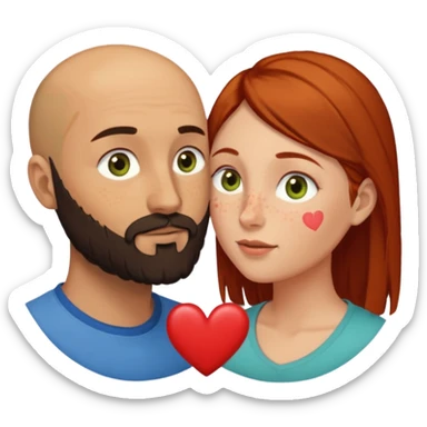 Couple. Bald man with dark brown-black beard. Woman with many small, faded, round freckles, white skin and she has auburn-yellow-brown dark hair. She has light yellow-brown-green eyes. He have hazel-blue eyes. They look at each other. Many small red hearts around them. sticker