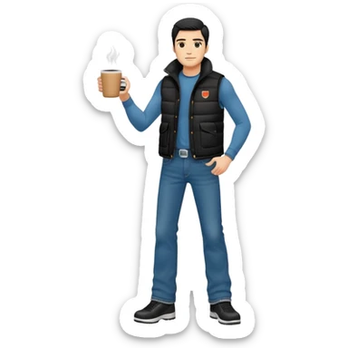full body man with plain black puffy winter vest with no pockets over long sleeved shirt wearing straight levi boot cut levi blue jeans with no cuffs and tennis shoes holding one coffee mug in his hand and nothing in his other hand sticker