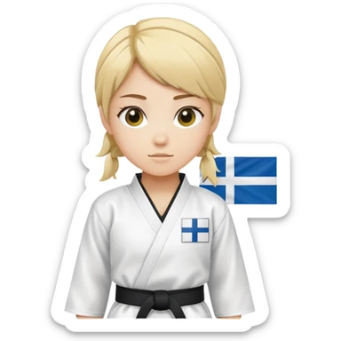 A girl in taekwondo uniform with two yellow strips on the black belt and left chest a finland flag. sticker