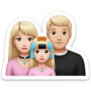 a family of three. daughter, mom and dad. long elegant blonde hair with bangs. almost female blonde boy femboy trap t-girl cute feminine makeup gay lingerie. skinny  body.   pink choker. whore hoop earrings. sticker