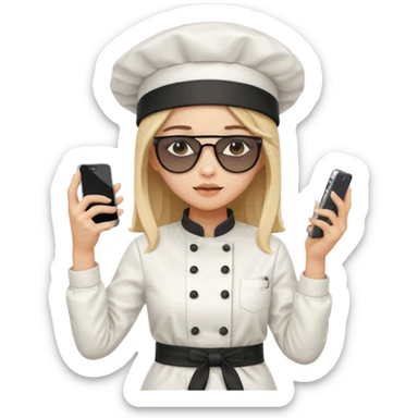 [b"A sad wooman with loight skin,k straight  hair, weawring a chehf hat andi sunglassels, dressee in K-pop  fashion, his dancino while hollding a phdone."] sticker