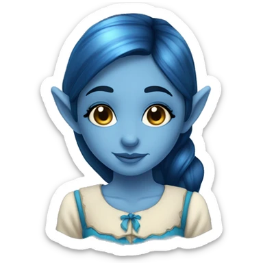A beautiful blue skinned elf girl who has dark blue hair that shines. She has freckles on her nose and wears a cottage dress. sticker