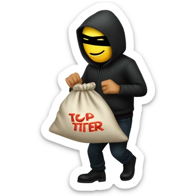 Thief stealing a bag of money that has the word Toptier embroidered on it sticker