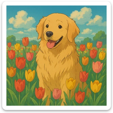 golden retriever surrounded by tulips in ghibli style sticker