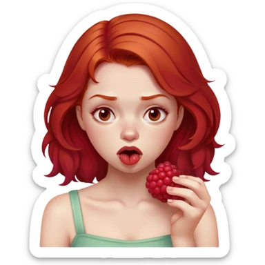 redhead girl with a displeased face eating raspberries sticker