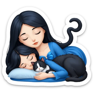 beautiful long Black hair girl, wearing blue dress. sleeping next to a tuxedo cat sticker