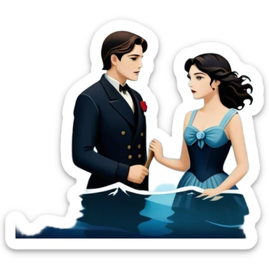 Icon for Titanic Movie: A vintage movie poster-style design featuring a dramatic scene of the ship, the iceberg, and a romantic silhouette of the main couple. Include elements like the ship’s bow, water splashes, and a starry sky in the background. Retro cinematic feel. Transparent background. sticker