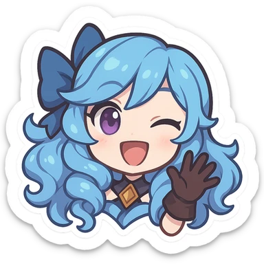chibi style Gwen from League of Legends, only head, right eye purple, one hand waving with glove, big smile, energetic pose, blue hair sticker