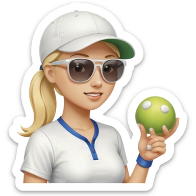 Woman with blond hair in a ponytail wearing a white baseball cap and sunglasses and holding a pickleball sticker