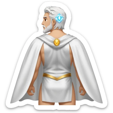 fullbody silverhair shirtless god ZEUS, white back cape, standing still rearview sticker