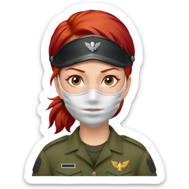 woman soldier with red hair and wearing face mask sticker
