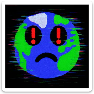 Keep all colors and style the same as the original emoji. Make the exclamation marks in the eyes much more visible and pronounced. Add glitch effects and digital distortion around the emoji character while preserving the original look and feel. sticker