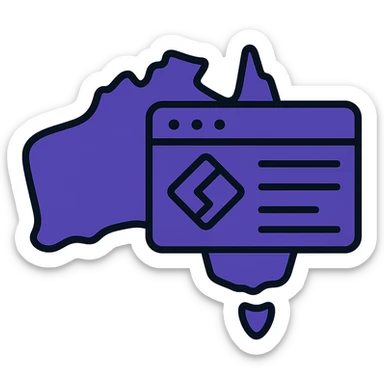 Integrate the official Microsoft Power Pages icon prominently into the map of Australia with digital web page overlay, use #403DAD as the main color, keep the modern and techy look, no text sticker