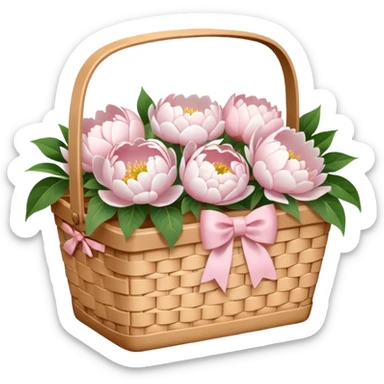 White Picnic basket with light pink bow and white peonies inside sticker