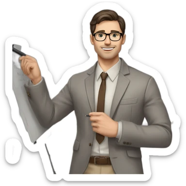 Pale skinned fit man with dark brown hair in gray jacket, beige office shirt, brown tie, brown pants and vintage glasses Writing text on the flipchart sticker